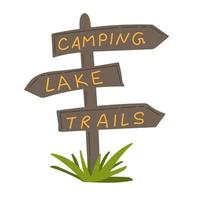 main tiré poteau indicateur signe. divers Voyage panneaux - camping, Lac et les sentiers. vecteur illustration.