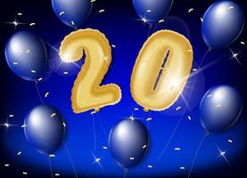 célébrer 20 ans avec or et bleu des ballons et briller confettis sur une bleu Contexte. vecteur conception pour célébrations, invitation cartes et salutation cartes.
