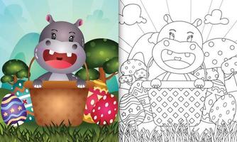 Livre de coloriage pour les enfants sur le thème de joyeuses pâques avec illustration de personnage d'un hippopotame mignon dans l'oeuf de seau vecteur