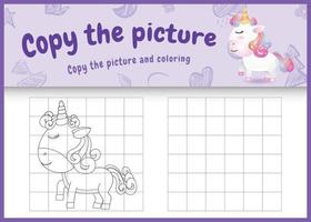 Copiez le jeu et la page de coloriage pour enfants avec une illustration de personnage de licorne mignonne vecteur