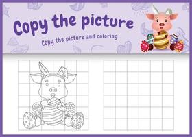 Copiez l'image jeu pour enfants et coloriage sur le thème de Pâques avec un cochon mignon à l'aide de bandeaux d'oreilles de lapin étreignant des œufs vecteur