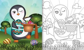 Livre de coloriage pour les enfants sur le thème joyeux jour de Pâques avec illustration du personnage d'un pingouin mignon tenant l'oeuf de seau et l'oeuf de Pâques vecteur