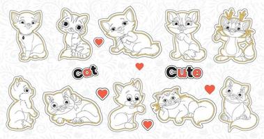 ensemble de mignonne Valentin chat autocollants collection imprimable animal autocollant paquet avec main tiré dessin animé personnage style chat émotions vecteur conception marrant doddle animaux domestiques des illustrations pour des gamins