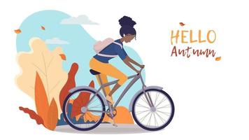 fille monte une vélo, Afro-américain femme monte une bicyclette dans le l'automne paysage. affiche ou bannière pour bicyclette boutique, tenue de sport ou carte postale vecteur