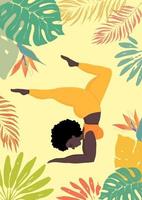 content africain un énorme femme dans yoga position sur tropical exotique Contexte. des sports et santé corps positif concept pour carte postale, yoga Des classes T-shirt actif mode de vie vecteur