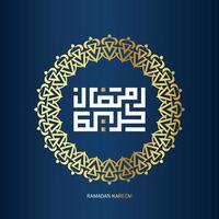 gratuit Ramadan kareem arabe calligraphie avec d'or Couleur sur bleu Contexte. islamique mois de Ramadan dans arabe logo salutation conception vecteur