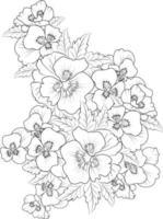 pensée fleurs illustration coloration page, simplicité, embellissement, monochrome, vecteur art, contour impression avec fleurs pensée fleur, pensée bouquet feuilles, et bourgeons, pensée fleur tatouage dessin.