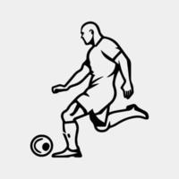 une noir et blanc dessin de une football joueur dribble une balle. vecteur