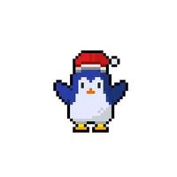 manchot portant Père Noël chapeau dans pixel art style vecteur