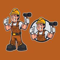 homme de dessin animé bricoleur ou constructeur portant des vêtements de travail tout en tenant un marteau et en donnant les pouces vers le haut ouvrier d'entretien de la construction ou mascotte de personnage de bricolage en style cartoon. illustration vectorielle vecteur