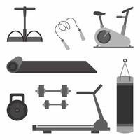 ensemble d'équipements différents pour la salle de gym. accessoires de mode de vie actif. Thème des outils de dynamophilie de fitness ou de gym en style cartoon. entraînement, musculation isolé sur fond blanc. icônes plates vectorielles vecteur