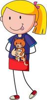 jolie fille tenant un personnage de dessin animé de poupée doodle vecteur