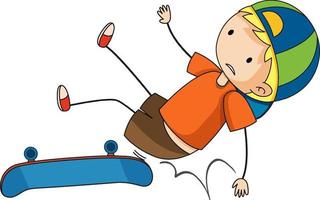 Doodle personnage de dessin animé d'un garçon tombant sur son patin vecteur