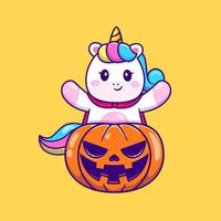 licorne mignonne avec illustration d'icône de vecteur de dessin animé de citrouille d'halloween. concept d'icône de vacances animales isolé vecteur premium. style de dessin animé plat