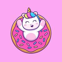 mignonne Licorne avec Donut dessin animé vecteur icône illustration. animal nourriture icône concept isolé prime vecteur. plat dessin animé style
