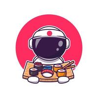 astronaute mignon mangeant une illustration d'icône vectorielle de dessin animé de sushi. concept d'icône de nourriture scientifique vecteur premium isolé. style de dessin animé plat