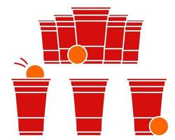 illustration de bière-pong rouge. tasse et boule en plastique avec des éclaboussures de bière. jeu de fête traditionnel à boire. vecteur