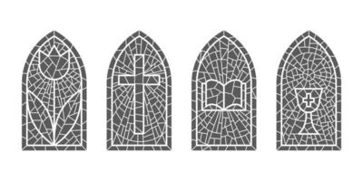 église verre les fenêtres. coloré mosaïque catholique cadres avec croix, livre et religieux symboles. vecteur ensemble isolé sur blanc Contexte