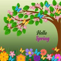 printemps fleurs et environnement Contexte conception avec Bonjour printemps typographie salutation texte vecteur