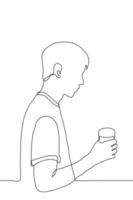 dessin de une Jeune homme en portant une verre avec une boire. un ligne dessin profil de une homme avec une boisson vecteur