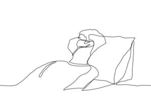 un continu ligne dessin de une homme dans une médical masque en train de dormir ou repos vecteur