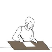 femme est assis à une table et écrit avec une stylo sur une feuille de papier - un ligne dessin vecteur. concept femme écrit par main, panneaux une document vecteur