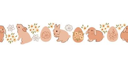 floral lapin lapin Pâques sans couture frontière, mignonne main tiré bébé lapins, Pâques des œufs dans pastel beige Couleur répéter bannière. sucré printemps vacances décoratif Cadre vecteur conception. lièvre illustration.