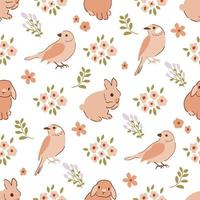 floral lapin lapin, des oiseaux, minuscule fleurs sans couture modèle. beige printemps floral répéter Contexte. Pâques vacances mignonne cottagecore surface conception. sucré main tiré lapins. originaire de vecteur illustration