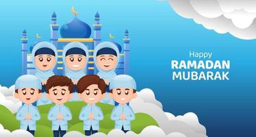 musulman des gamins garçon et fille salutation Ramadan kareem mubarak avec content sourire illustration concept vecteur