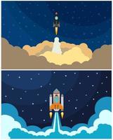 ensemble de lancement de fusée spatiale. illustration vectorielle avec fusée volante. voyage dans l'espace. le développement de projets. idée créative. vecteur