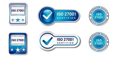 iso 27001 agréé étiquette timbre. information Sécurité la gestion système signe. avec vérifier, et étoile icône. sur pente bleu et blanc couleur. prime et luxe emblème vecteur modèle