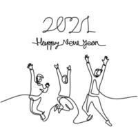 les hommes et les femmes heureux accueillent le dessin d'une ligne continue de la nouvelle année. hommes et femmes dans le concept de fête du nouvel an isolé sur fond blanc. célébrer le nouvel an 2021. illustration vectorielle vecteur