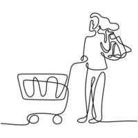 une ligne continue dessinant des jeunes femmes heureuses faisant du shopping ensemble au super marché et poussant le chariot faire des achats sur le marché pour les besoins quotidiens. concept de dépenses mensuelles. illustration de conception de vecteur