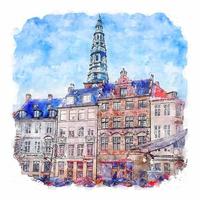 copenhague danemark croquis aquarelle illustration dessinée à la main vecteur