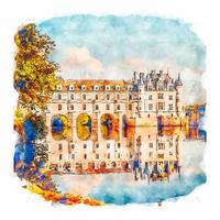 architecture château france croquis aquarelle illustration dessinée à la main vecteur
