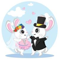 mignon petit lapin amoureux de la Saint-Valentin. illustration du couple de mariage de lapins. tout juste marié. vecteur