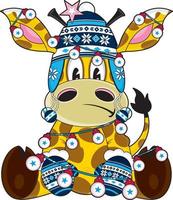 dessin animé Noël girafe dans laineux chapeau avec étoiles et babioles vecteur
