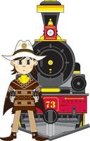 mignonne dessin animé sauvage Ouest cow-boy shérif dans poncho avec vapeur train vecteur