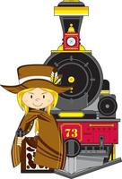 mignonne dessin animé sauvage Ouest cow-boy Pistolero dans poncho avec vapeur train vecteur