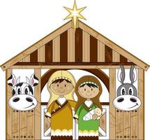 dessin animé Marie et joseph avec bébé Jésus à stable illustration vecteur