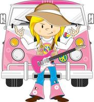 dessin animé années soixante hippie fille avec électrique guitare et campeur van vecteur