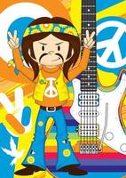 dessin animé années soixante hippie personnage avec électrique guitare vecteur