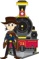 mignonne dessin animé sauvage Ouest cow-boy Pistolero dans poncho avec vapeur train vecteur