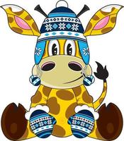 dessin animé girafe personnage dans laineux chapeau et gants vecteur