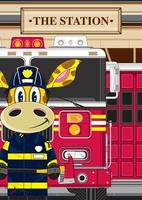 mignonne dessin animé girafe pompier et Feu moteur vecteur