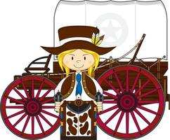 mignonne dessin animé sauvage Ouest cow-girl Pistolero avec mandrin wagon vecteur