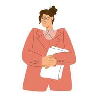 affaires concept vecteur illustration. une femme dans des lunettes et une costume détient travail papiers