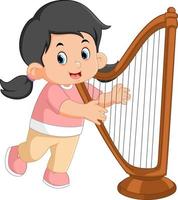 une mignonne et marrant fille est apprentissage le harpe instrument vecteur