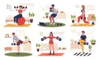 sport à Accueil scènes ensemble. différent gens Faire faire des exercices à l'intérieur. plat style illustration Hommes et femmes en utilisant haltère poids à exercice à maison. vecteur