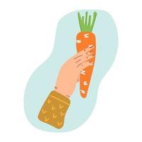 main tenant la carotte. aime les légumes, végétalien, concept de récolte. illustration dessinée à plat bile vecteur